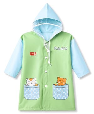 Babyhug Full Sleeves Knee Length Hooded Raincoat with Kitten Print - Light Green
