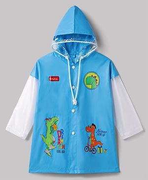 Babyhug Full Sleeves Knee Length Hooded Raincoat with Dino Print - Light Blue