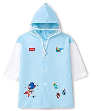 Babyhug Full Sleeves Space Theme Printed Raincoat - Light Blue