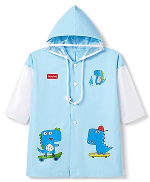 Babyhug Full Sleeves Raincoat With Dino Print - Light Blue