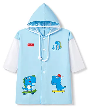 Babyhug Full Sleeves Raincoat With Dino Print - Light Blue