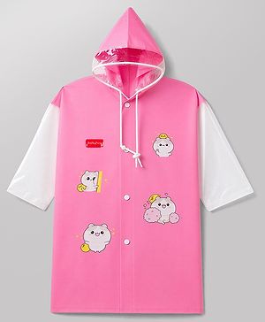 Babyhug Full Sleeves Raincoat With Animal Print - Pink