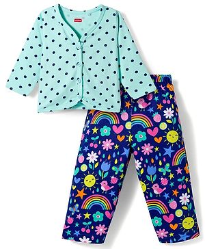 Babyhug Single Jersey Knit Full Sleeves Top & Leggings Set with Polka Dot & Tropical Theme Print - Blue
