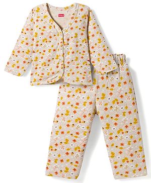 Babyhug Single Jersey Knit Full Sleeves Co-ords Top & Leggings Set with Floral Print - Beige