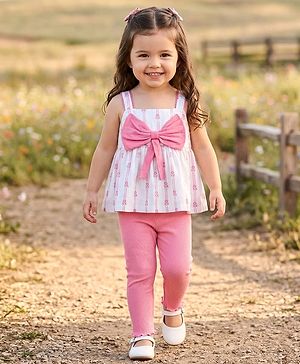 Babyhug Singel Jersey Knit Sleeveless Top & Leggings Set with Floral Print & Bow Applique - Pink