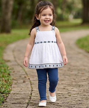 Babyhug Cotton Knit Sleeveless Floral Embroidered Top & Leggings Set - White & Navy Blue