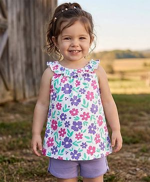 Babyhug Single Jersey Knit Sleeveless Top & Shorts Set with Floral Print - White & Lavender
