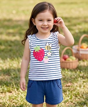 Babyhug Single Jersey Knit Sleeveless Striped Top & Shorts Set with Tropical Theme Embroidery - Navy Blue