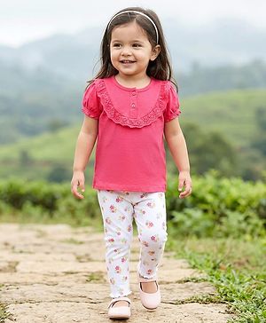 Babyhug Single Jersey Knit Half Sleeves Top & Leggings Set with Floral Print - Dark Pink