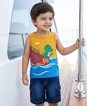 Babyhug Single Jersey Knit Sleeveless T-Shirt & Shorts Set with Dino Print - Yellow & Blue