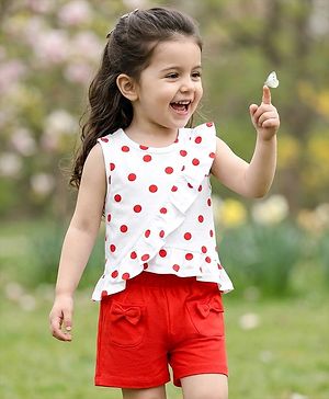 Babyhug Single Jersey Knit Sleeveless Top & Shorts Set with Polka Dot Print & Bow Applique - White & Red