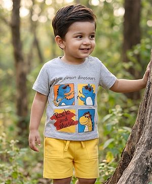 Babyhug Single Jersey Knit Half Sleeves T-Shirt & Shorts Set with Dino Print - Yellow