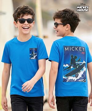 Pine Kids Disney Single Jersey Knit Half Sleeves T-Shirt with Front & Back Mickey Mouse Graphic - Blue