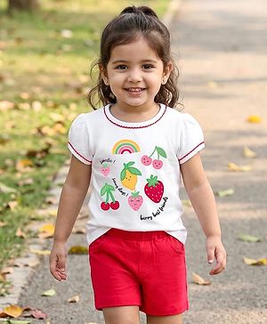 Babyhug Single Jersey Knit Half Puffed Sleeves Top & Shorts Set with Fruit Embroidery - Red & White