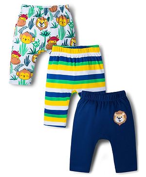 Babyhug Interlock Knit Full Length Diaper Leggings with Jungle Theme Print & Stripes Pack of 3 - Multicolor