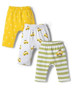 Babyhug Cotton Knit Full Length  Diaper Leggings With Taxi Print Pack of 3 - Multicolor