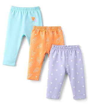 Babyhug Interlock Knit Full Length Star & Ice Cream Printed Diaper Leggings Pack of 3 - Multicolor