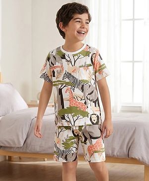 Pine Kids Cotton Knit Half Sleeves Co-ords T-Shirt & Shorts Night Suit with Jungle Theme Print - White