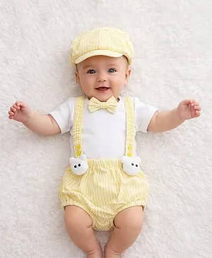 Tipy Tipy Tap Cotton Knit Half
                              Sleeves Bow & Animal Face Applique
                              Detailed Onesie With Bloomer Cap Bow &
                              Suspender - Yellow & White