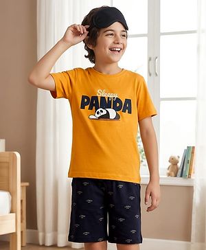Pine Kids Cotton Knit Half Sleeves T-Shirt & Shorts Night Suit With Panda Print - Yellow