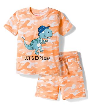 Babyhug Single Jersey Knit Half Sleeves T-Shirt & Shorts Co-ord  Set With Dino Print - Orange