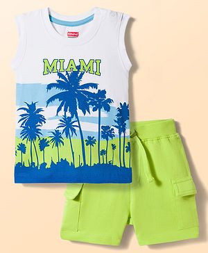 Babyhug Single Jersey Knit Sleevless T-Shirt & Shorts Set with Miami Print - Light Green & White