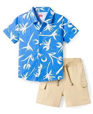 Babyhug Single Jersey Knit Half Sleeves Shirt & Shorts Set with Floral Print - Blue & Beige