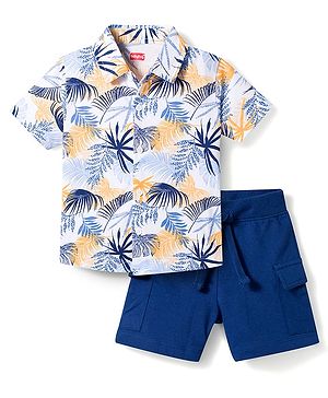 Babyhug Single Jersey Knit Half Sleeves Shirt & Shorts Set with Leaf Print - Navy Blue