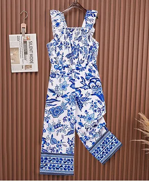 Mark & Mia Frill Sleeves Smocked
                              Jumpsuit with Floral Print - Blue