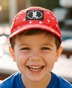 Babyhug Disney Cotton Woven Summer Cap With Mickey Mouse Graphics Red - Diameter 20 cm