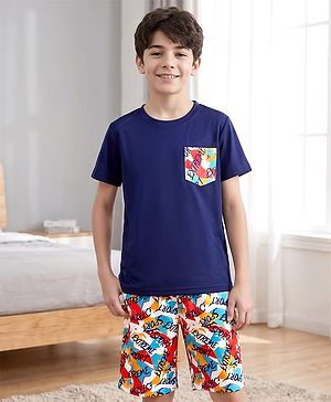 Pine Kids Cotton Knit Half Sleeves Text Printed T-Shirt & Shorts Night Suit - Navy Blue