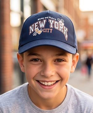 Babyhug Disney 100% Cotton Woven Summer Cap With Micky Mouse Graphics Navy Blue - Diameter 18 cm