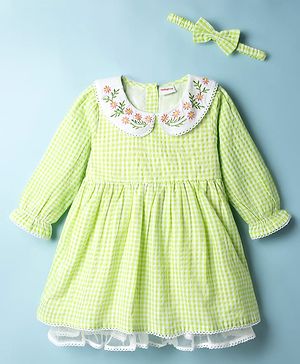 Babyhug Cotton Woven One Piece Dresses/Frocks with Embroidered Peter Pan Collar Green 3-6 Months