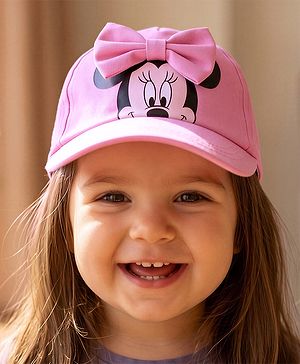 Babyhug Disney Cotton Woven Summer Cap With Minnie Mouse Graphics & Bow Applique Pink - Diameter 17.5 cm