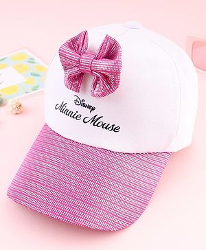 Babyhug Disney Cotton Woven Summer Cap With Minnie Mouse Graphics & Bow Applique Multicolor - Diameter 17 cm