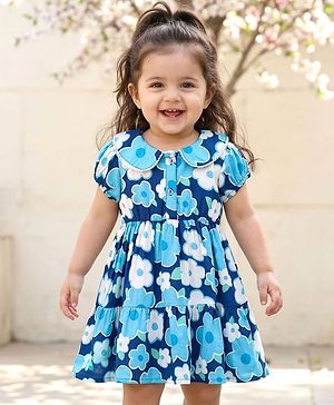 Babyhug Cotton Woven Half Sleeves Floral Printed Frock with Peter Pan Collar-Blue