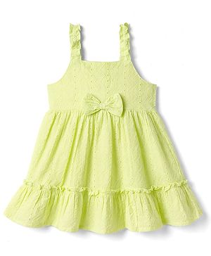 Babyhug Cotton Woven Sleeveless Frock With Bow Applique - Lime Green
