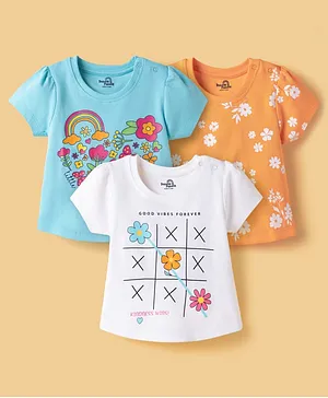 Doodle Poodle Single Jersey Knit Half Sleeves
                      T-Shirts With Floral Print Pack of 3 - White
                      Orange & Blue