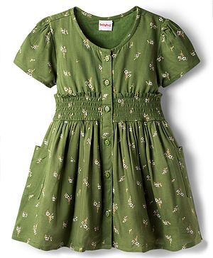 Babyhug Cotton Woven Half Sleeves Floral Printed Flared Frock with Smoking Detailing - Green