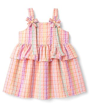 Babyhug Cotton Woven Sleeveless Checked Frock With Bow Applique - Multicolor