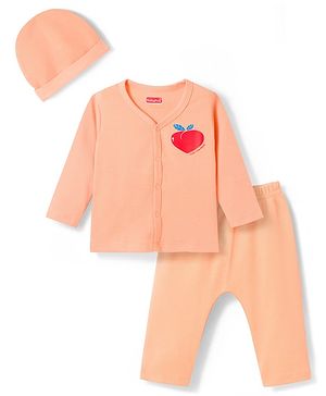 Babyhug Cotton Knit Full Sleeves T-Shirt & Pyjama Night Suit With Peach Print & Cap - Orange