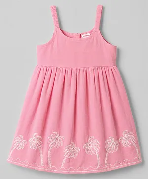 Babyhug Cotton Woven Sleeveless
                                  Palm Tree Embroidered Frock - Pink
