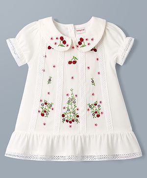 Babyhug 100% Cotton Woven Half Sleeves Floral Embroidered Frock With Lace Detailing - White