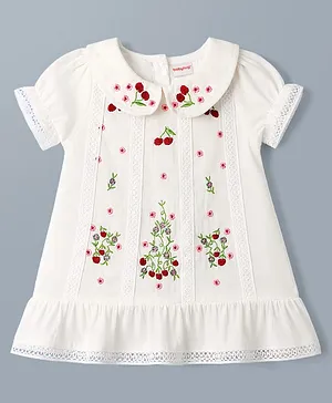 Babyhug 100% Cotton Woven Half
                                  Sleeves Floral Embroidered Frock With
                                  Lace Detailing - White