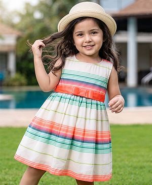 Babyhug Cotton Woven One Piece Dresses/Frocks Sleeveless Round Neck Striped White 6-9 Months