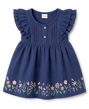 Babyhug 100% Cotton Woven Half Ruffle Sleeves Floral Embroidered Frock - Navy Blue