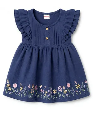 Babyhug 100% Cotton Woven Half
                                  Ruffle Sleeves Floral Embroidered
                                  Frock - Navy Blue