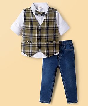Babyhug Knit Full Sleeves Checks 3 Piece Party Suit With Bow - Green
