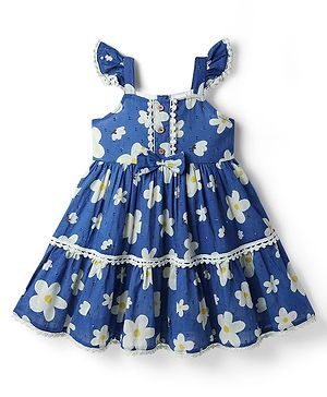 Babyhug Cotton Woven One Piece Dresses/Frocks with Ruffled Shoulder Straps and Floral Print Blue 9-12 Months