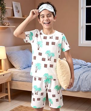 Pine Kids Cotton Knit Half Sleeves Beach Theme Printed Co -ords T-Shirt & Shorts Night Suit - White